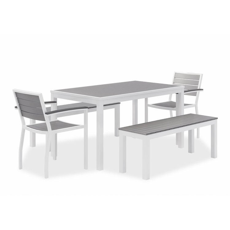 KFI Studios Eveleen Outdoor Dining Table Set, 55" x 35" x 29" Rectangular Table, 2 Benches, 2 Armchairs, Gray/White (KFI840031918437)