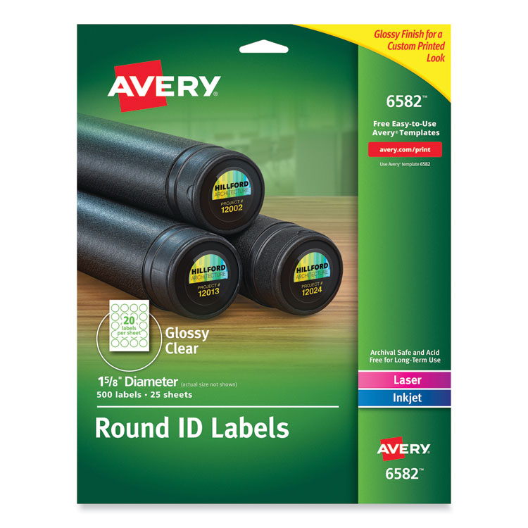 Avery Round Print-to-the Edge Labels with SureFeed and EasyPeel, 1.67" dia, Glossy Clear, 500/PK (AVE6582)
