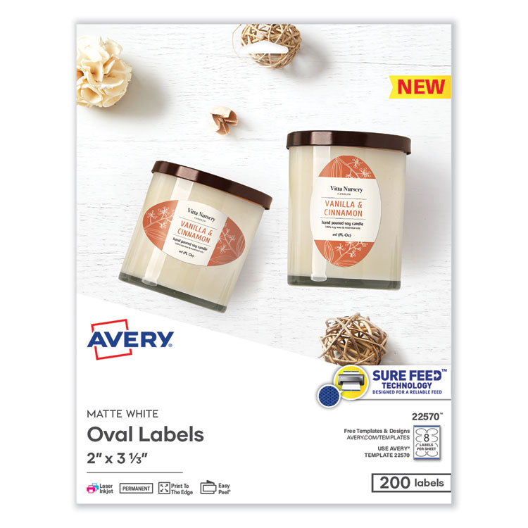 Avery Laser/Inkjet Media Labels, Inkjet/Laser Printers, 2 x 3.3, White, 8 Labels/Sheet, 25 Sheets/Pack (AVE22570)
