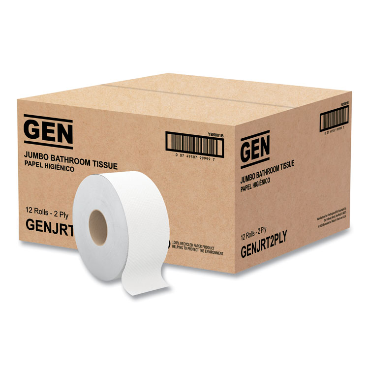 GEN JRT Jumbo Bath Tissue, Septic Safe, 2-Ply, 3.5" x 750 ft, White, 12 Rolls/Carton (GENJRT2PLY)