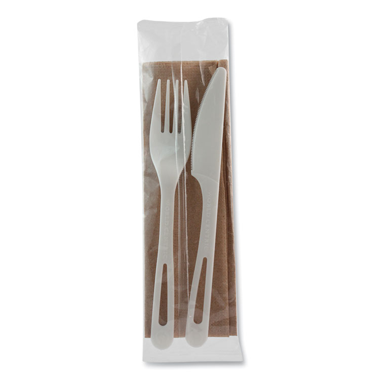 World Centric TPLA Compostable Cutlery, Fork/Knife/Napkin, Plastic, White, 500/Carton (WORASPSFKN)