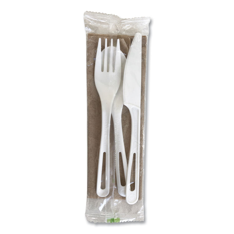 World Centric TPLA Compostable Cutlery, Fork/Knife/Napkin/Spoon, Plastic, White, 250/Carton (WORASPSTNL)