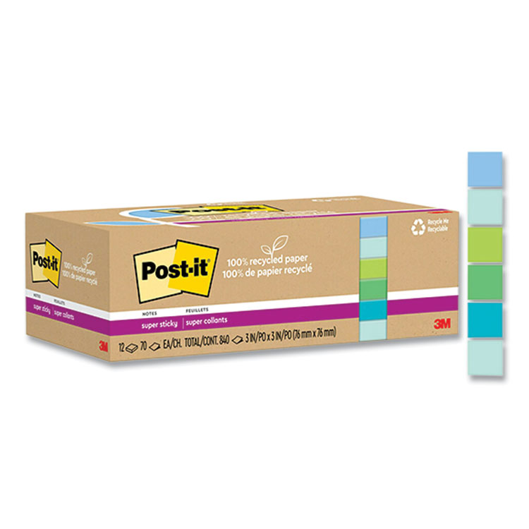 Post-it Notes Super Sticky 100% Recycled Paper Super Sticky Notes, Unruled, 3" x 3", Assorted Oasis Colors, 70 Sheets/Pad, 12 Pads/Pack (MMM654R12SST)