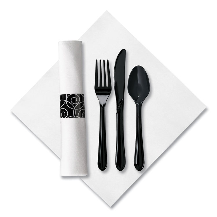 Hoffmaster CaterWrap Heavyweight Cutlery Combo Kit, Fork/Knife/Napkin/Spoon, Plastic, Black, 100/Carton (HFM119971)
