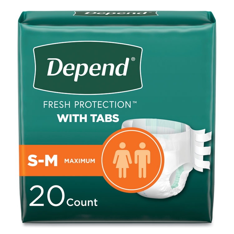 Depend Incontinence Protection with Tabs, Small/Medium, 19" to 34" Waist, 20/Pack, 3 Packs/Carton (KCM35456)