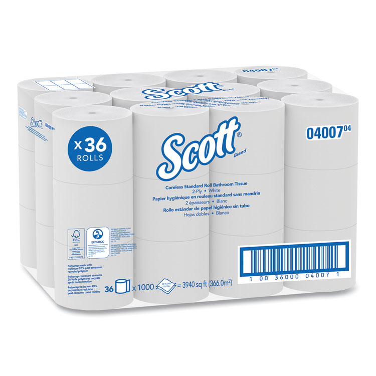 Scott Essential Coreless SRB Bathroom Tissue, Septic Safe, 2-Ply, White, 1,000 Sheets/Roll, 36 Rolls/Carton (KCC04007)