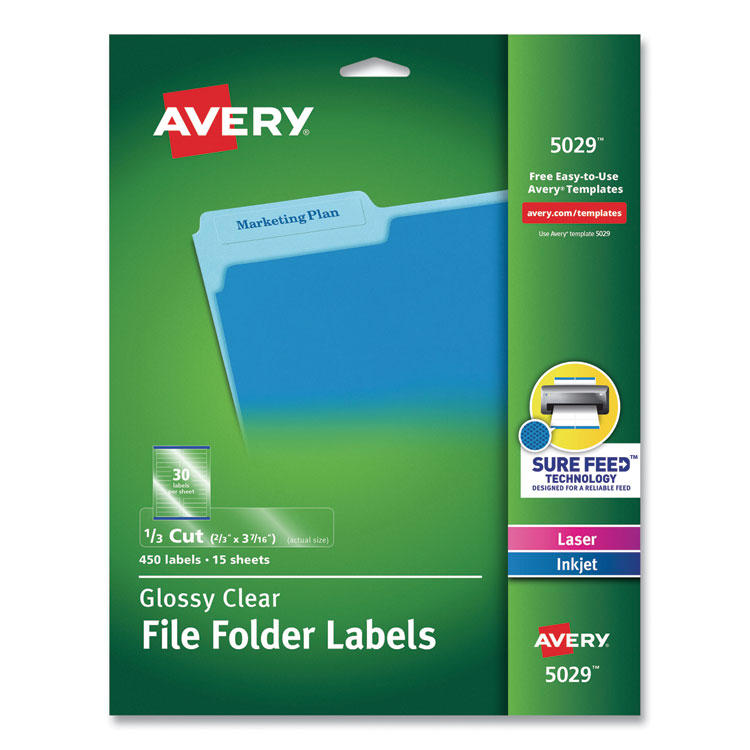 Avery Clear Permanent File Folder Labels with Sure Feed Technology, 0.66 x 3.44, Clear, 30/Sheet, 15 Sheets/Pack (AVE5029)