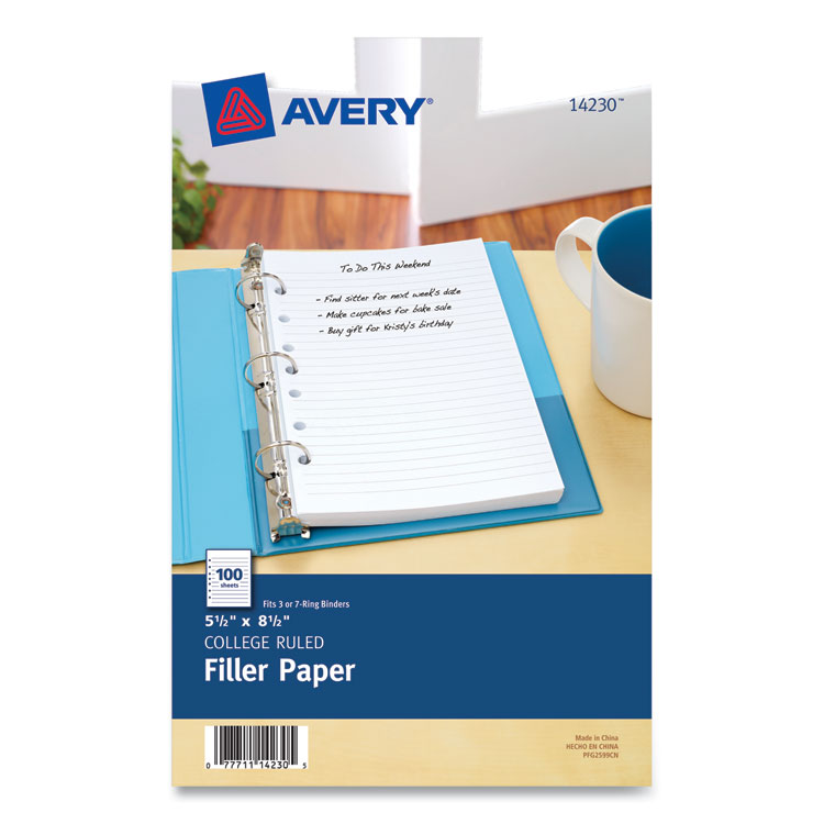 Avery Mini Size Binder Filler Paper, 7-Hole Side Punched, 5.5 x 8.5, College Rule, 100/Pack (AVE14230)