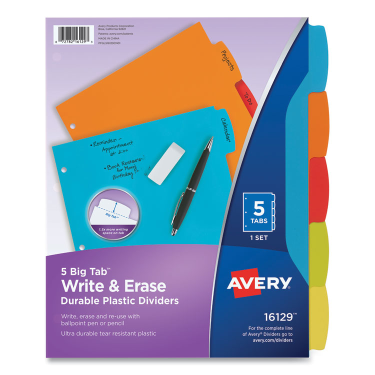 Avery Big Tab Write and Erase Durable Plastic Dividers, 5-Tab, 11 x 8.5, Assorted, 1 Set (AVE16129)
