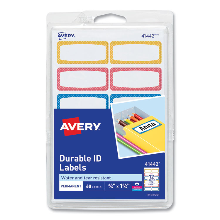 Avery Avery Kids Handwritten Identification Labels, 1.75 x 0.75, Borders: Blue, Orange, Yellow, 12 Labels/Sheet, 5 Sheets/Pack (AVE41442)
