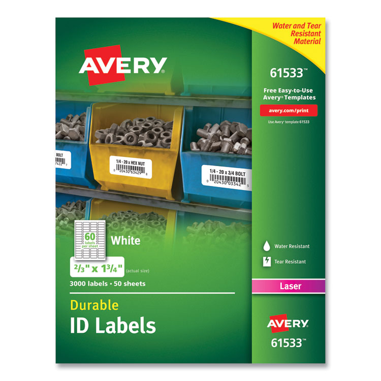 Avery Durable Permanent ID Labels with TrueBlock Technology, Laser Printers, 0.66 x 1.75, White, 60/Sheet, 50 Sheets/Pack (AVE61533)