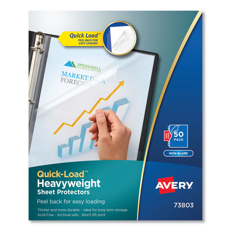 Avery Quick-Load Heavyweight Sheet Protector, Side: 3-Hole Punched, Top/Side Load 8.5 x 11 Insert, Nonglare Clear Front, 50/Box (AVE73803)