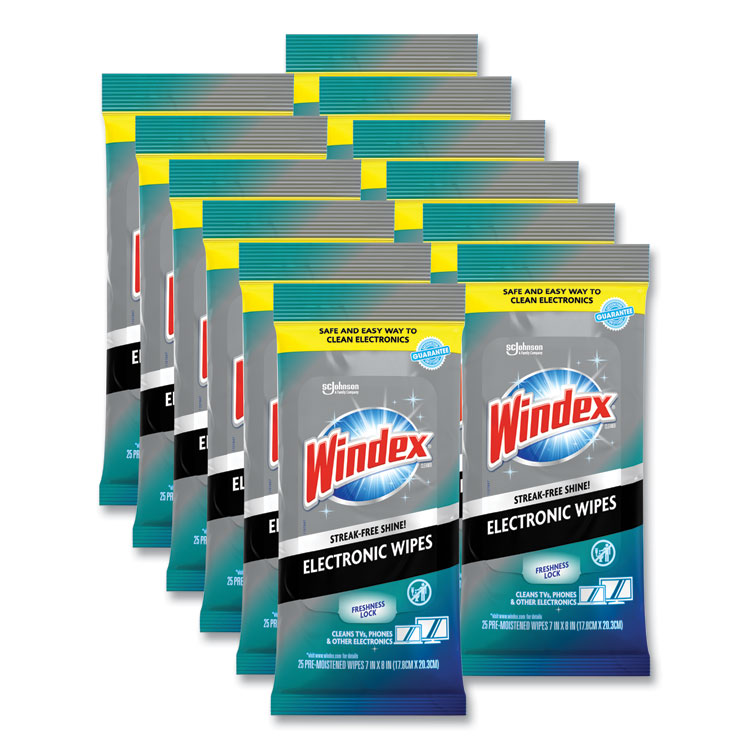 Windex Electronics-Cleaner Wipes, 1-Ply, 7 x 10, Neutral Scent, White, 25/Pack, 12 Packs/Carton (SJN319248)