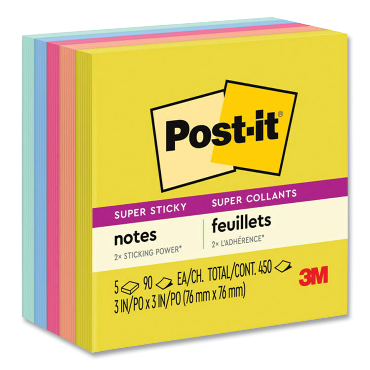 Post-it Notes Super Sticky Note Pads in Summer Joy Collection Colors, 3" x 3", Summer Joy Collection Colors, 90 Sheets/Pad, 5 Pads/Pack (MMM6545SSJOY)