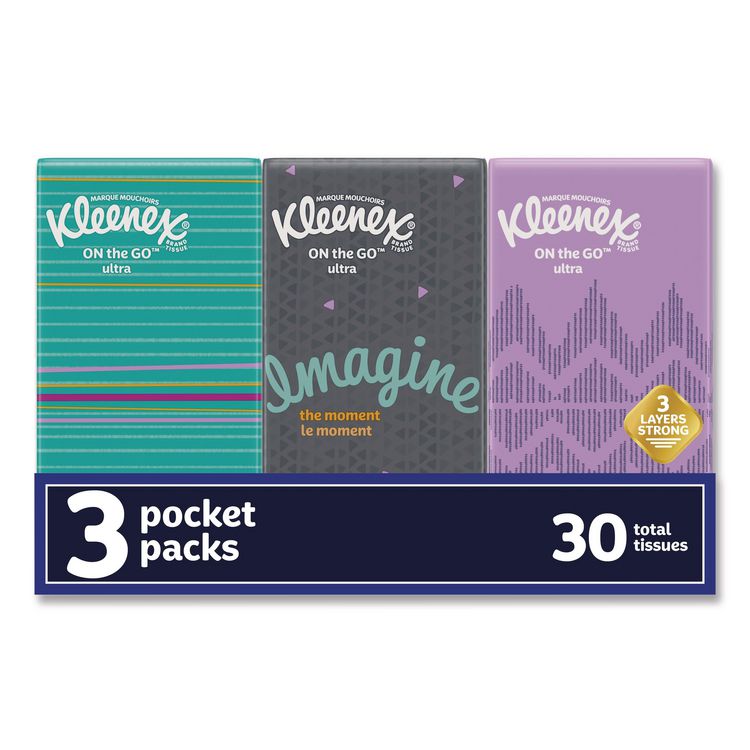 Kleenex On The Go Packs Facial Tissues, 3-Ply, White, 10 Sheets/Pouch, 3 Pouches/Pack, 36 Packs/Carton (KCM11976)