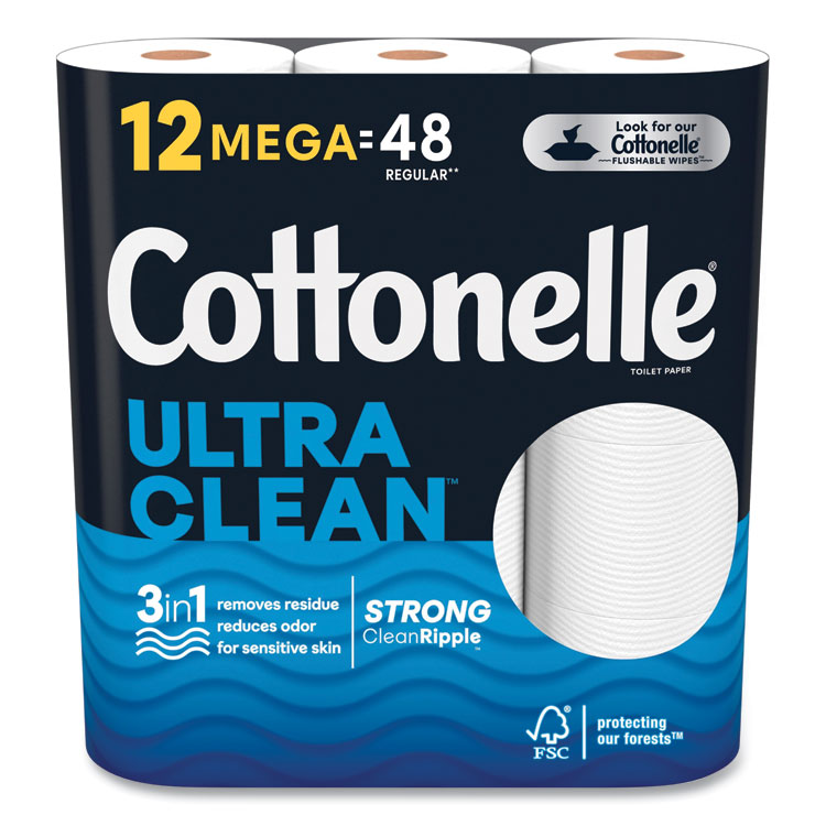 Cottonelle Ultra CleanCare Toilet Paper, Strong Tissue, Septic Safe, 1-Ply, White, 284 Sheets/Roll, 12 Rolls/Pack, 48 Rolls/Carton (KCM55489)
