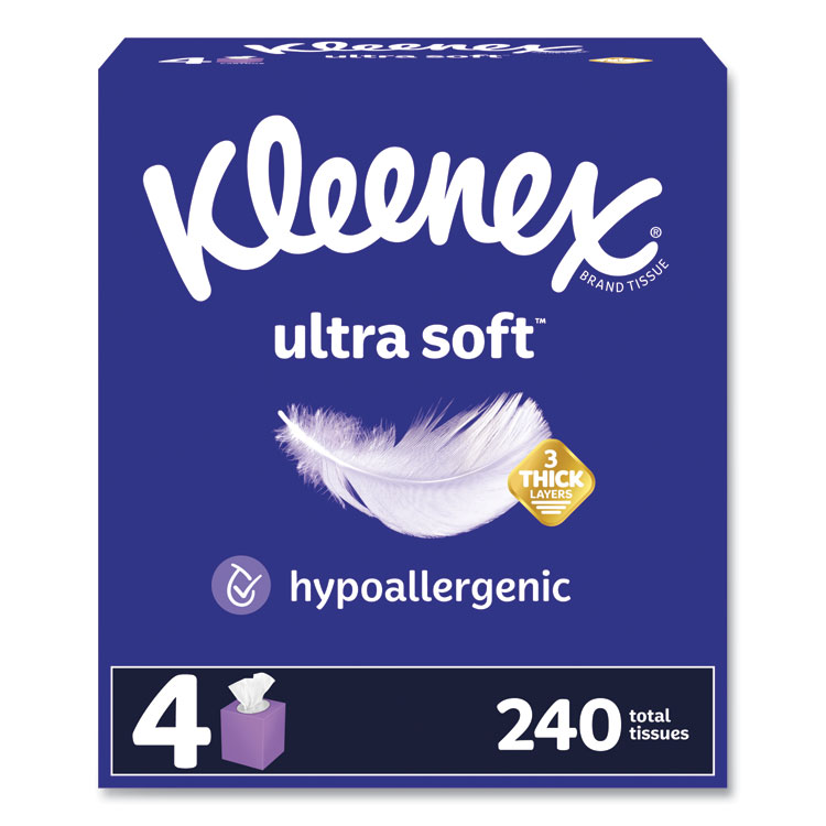 Kleenex Ultra Soft Facial Tissue, 3-Ply, White, 60 Sheets/Box, 4 Boxes/Pack, 12 Packs/Carton (KCM54308)