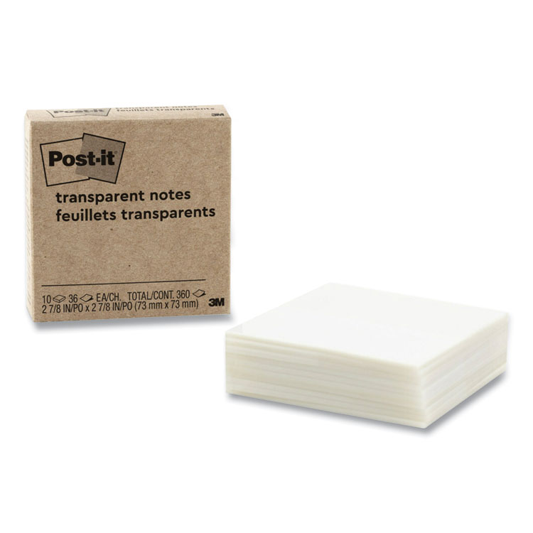 Post-it Transparent Notes, Unruled, 3" x 3", Transparent, 36 Sheets/Pad, 10 Pads/Pack (MMM600TRSPT10PK)