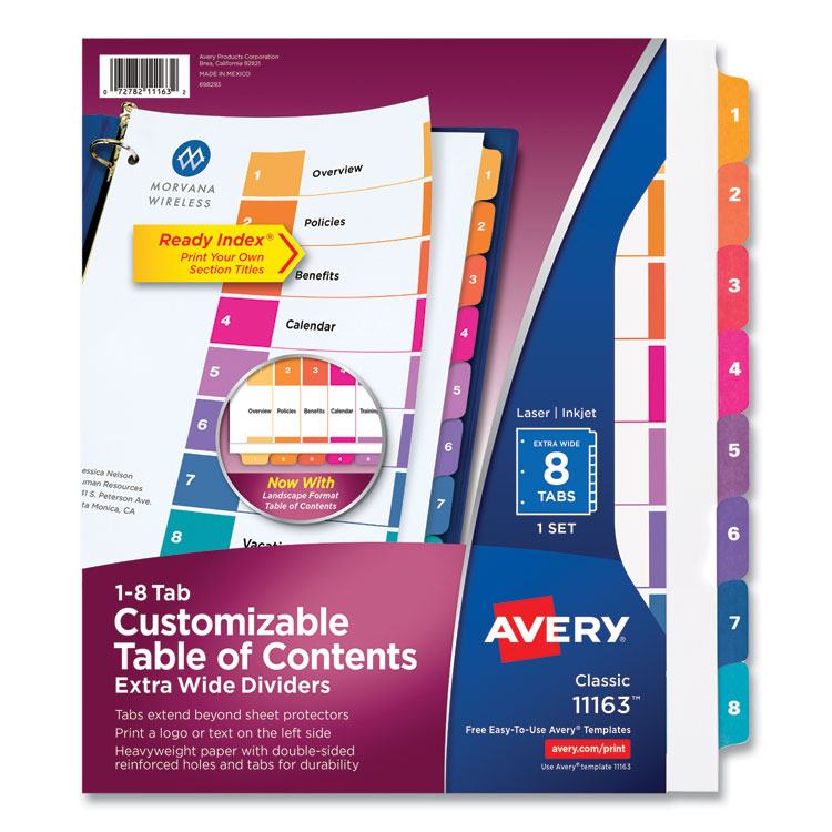 Avery Customizable TOC Ready Index Multicolor Tab Dividers, Extra Wide Tabs, 8-Tab, 1 to 8, 11 x 9.25, White, 1 Set (AVE11163)