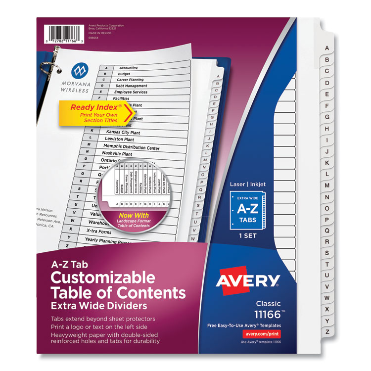 Avery Customizable TOC Ready Index Black and White Dividers, 26-Tab, A to Z, 11 x 9.25, 1 Set (AVE11166)