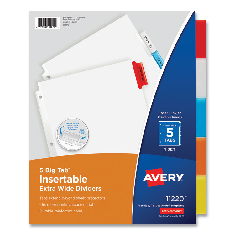 Avery Insertable Big Tab Dividers, 5-Tab, Single-Sided Copper Edge Reinforcing, 11.13 x 9.25, White, Assorted Tabs, 1 Set (AVE11220)