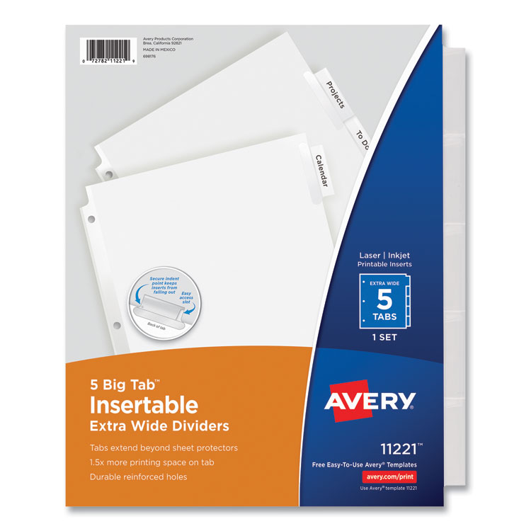 Avery Insertable Big Tab Dividers, 5-Tab, Single-Sided Copper Edge Reinforcing, 11.13 x 9.25, White, Clear Tabs, 1 Set (AVE11221)