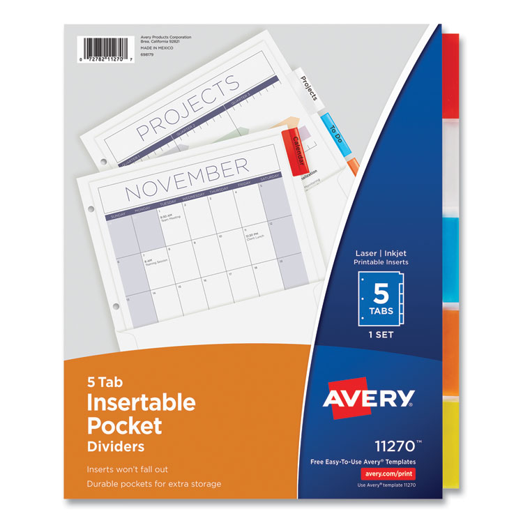 Avery Insertable Dividers w/Single Pockets, 5-Tab, 11.25 x 9.13, White, 1 Set (AVE11270)