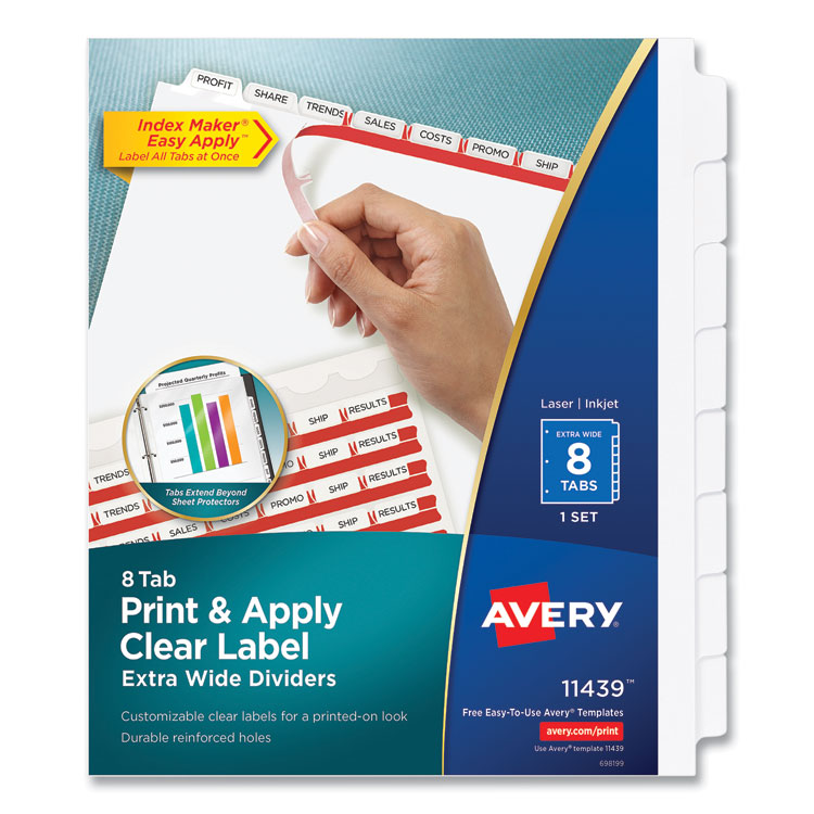 Avery Print and Apply Index Maker Clear Label Dividers, Extra Wide Tab, 8-Tab, 11.25 x 9.25, White, 1 Set (AVE11439)