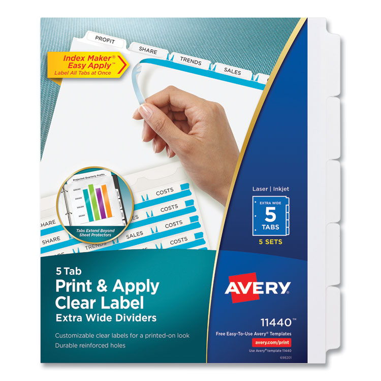 Avery Print and Apply Index Maker Clear Label Dividers, Extra Wide Tab, 5-Tab, White Tabs, 11.25 x 9.25, White, 5 Sets (AVE11440)
