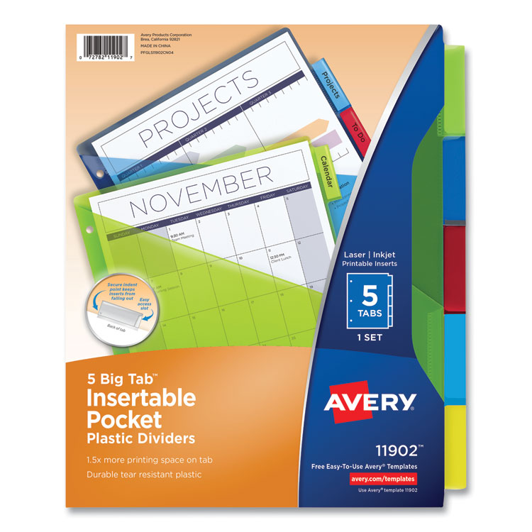 Avery Insertable Big Tab Plastic 1-Pocket Dividers, 5-Tab, 11.13 x 9.25, Assorted, 1 Set (AVE11902)