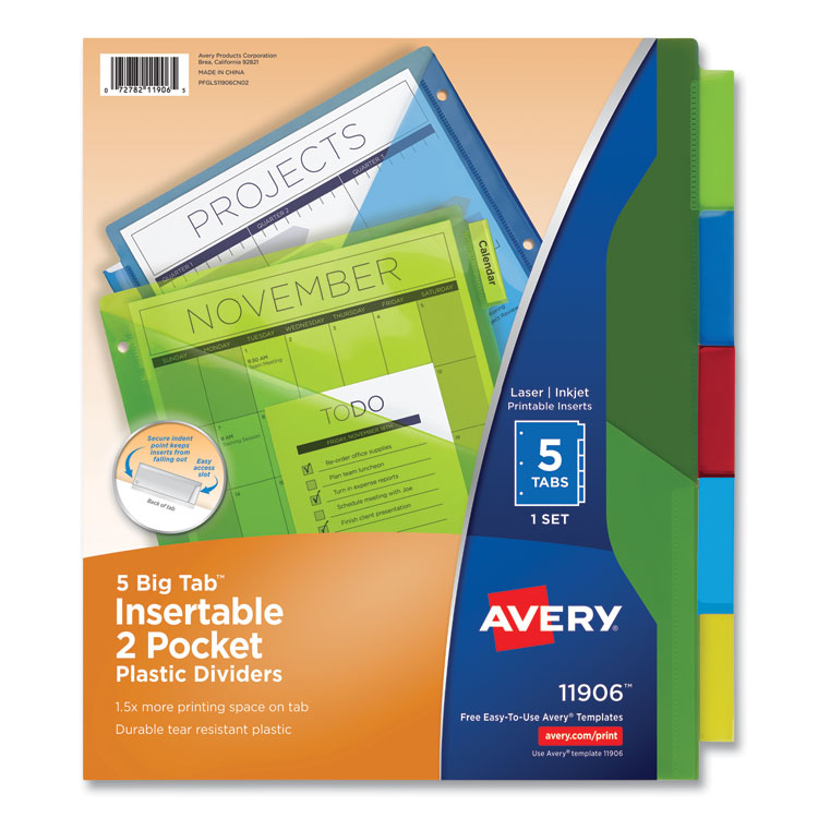 Avery Insertable Big Tab Plastic 2-Pocket Dividers, 5-Tab, 11.13 x 9.25, Assorted, 1 Set (AVE11906)