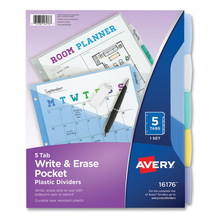 Avery Write and Erase Durable Plastic Dividers with Slash Pocket, 3-Hold Punched, 5-Tab, 11.13 x 9.25, Assorted, 1 Set (AVE16176)