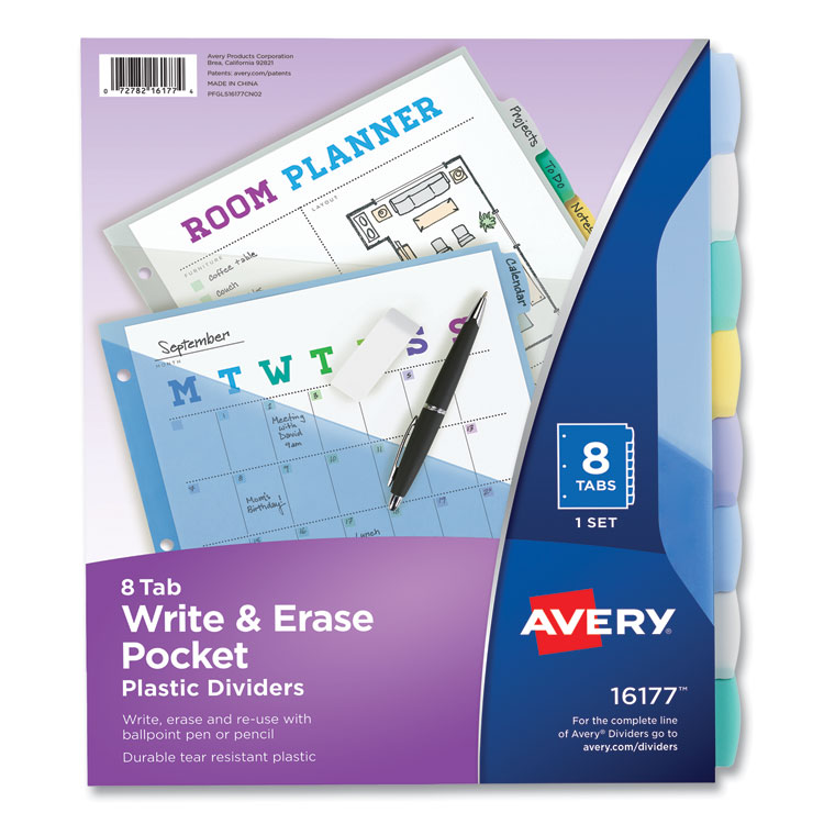 Avery Write and Erase Durable Plastic Dividers with Slash Pocket, 3-Hold Punched, 8-Tab, 11.13 x 9.25, Assorted, 1 Set (AVE16177)