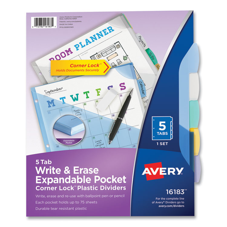 Avery Write and Erase Big Tab Durable Plastic Dividers, Expandable Pocket, 3-Hole Punched, 5-Tab, 11 x 8.5, Assorted, 1 Set (AVE16183)