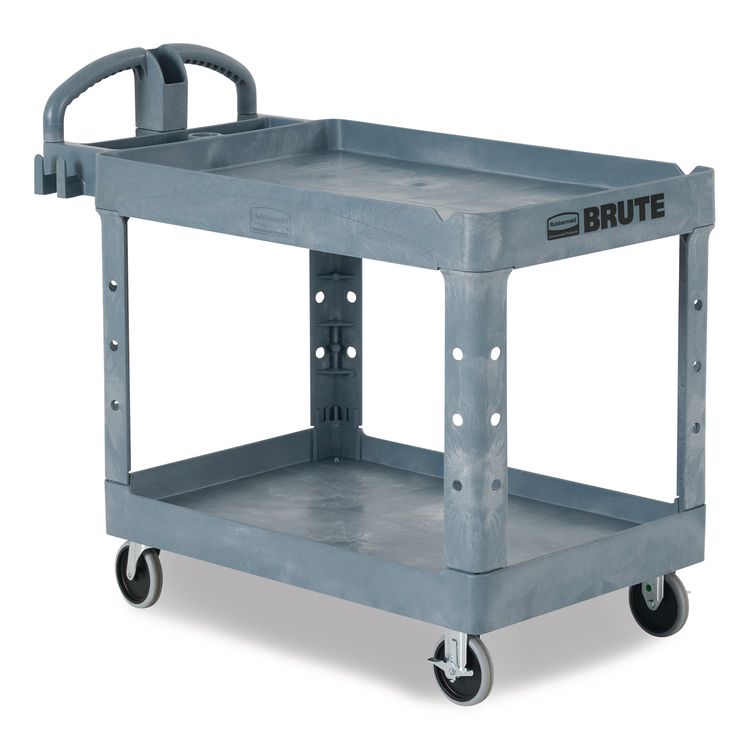 Rubbermaid Commercial BRUTE Heavy-Duty Ergo Handle Utility Cart, Plastic, Two Shelves, 500 lb Capacity, 25.5" x 44" x 39", Gray (RCP2192464)