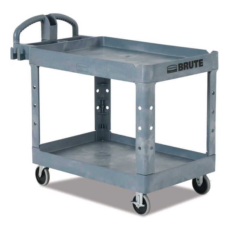 Rubbermaid Commercial BRUTE Heavy-Duty Ergo Handle Utility Cart, Plastic, 2 Shelves, 750 lb Capacity, 26" x 55" x 33.25", Gray (RCP2192463)