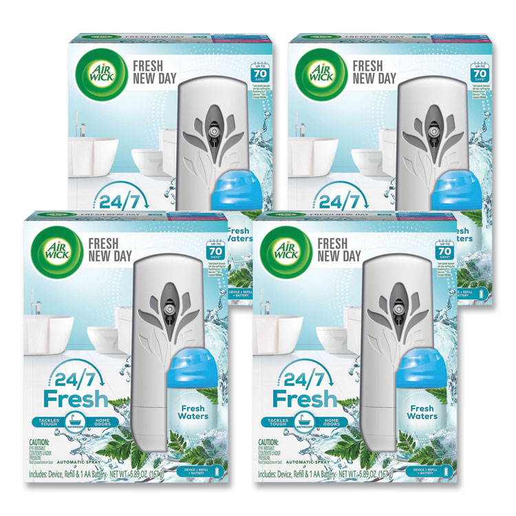 - Air Wick Freshmatic Life Scents Starter Kit, 5.89 oz Fresh Waters Refill/AA Battery, 4 Kits/Carton (RAC88413)