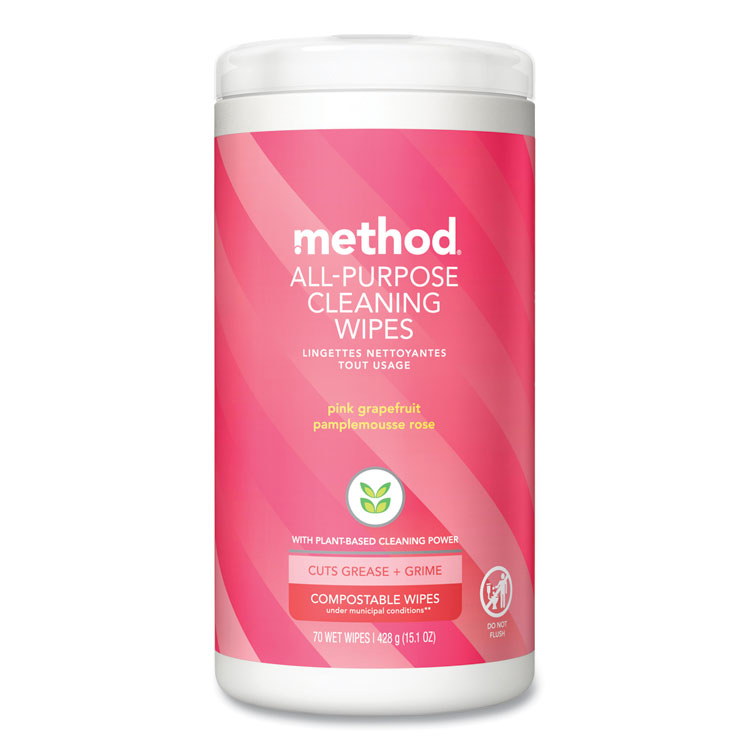 Method All Purpose Cleaning Wipes, 1 Ply, Pink Grapefruit, White, 70/Canister, 6/Carton (MTH338527)