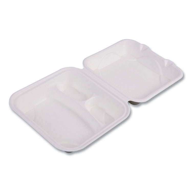 Eco-Products Vanguard Renewable and Compostable Sugarcane Clamshells, 3 Compartments, 8 x 8 x 3, White, 200/Carton (ECOEPHC83NFA)