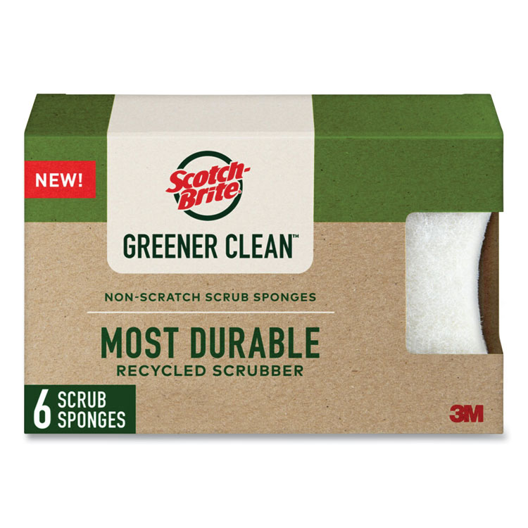 Scotch-Brite Greener Clean Non-Scratch Scrub Sponge, 2.6 x 3.3, 0.7" Thick, White, 6/Pack (MMM97036UG)