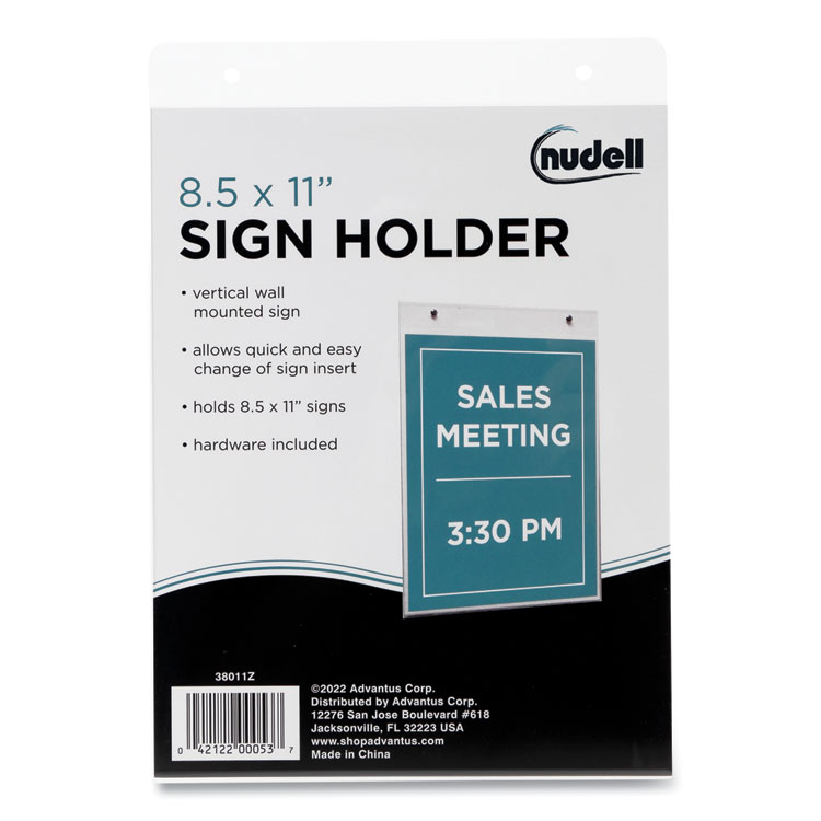 NuDell Clear Plastic Vertical-Orientation Wall Sign Holder with Mounting Screws, Quick-Change Insert System, 8.5 x 11 Insert (NUD38011Z)