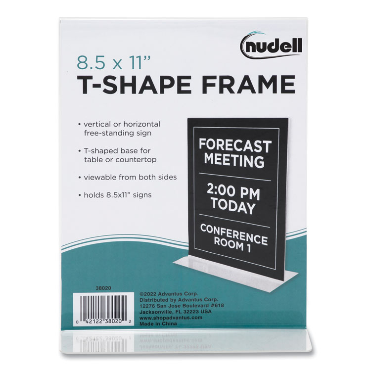 NuDell Clear Plastic T-Shaped Countertop Sign Holder, Two-Sided, Bottom-Load, Horizontal/Vertical Orientation, 8.5 x 11 Insert (NUD38020Z)