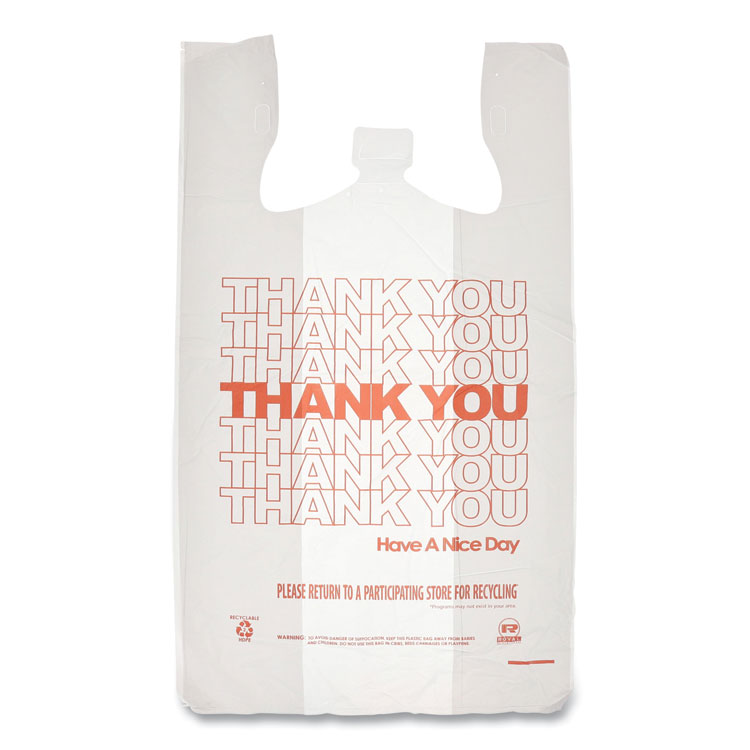 AmerCareRoyal Thank You Bags, Thank You - Have a Nice Day Labeling, Cut-Out Handles, 13" x 8" x 23", White/Red, 1,000/Carton (RPPRPTYB6FS)