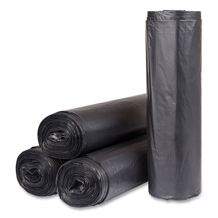 Inteplast Group High-Density Commercial Can Liners, 56 gal, 22 mic, 43" x 48", Black, Interleaved Roll, 25 Bags/Roll, 6 Rolls/Carton (IBSS434822K)