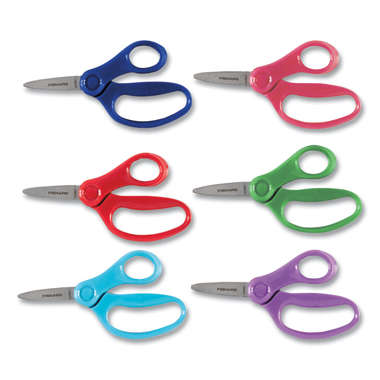 Fiskars Kids Scissors, Pointed Tip, 5" Long, 1.75" Cut Length, Straight Handle, Randomly Assorted Handle Color (FSK1067052)