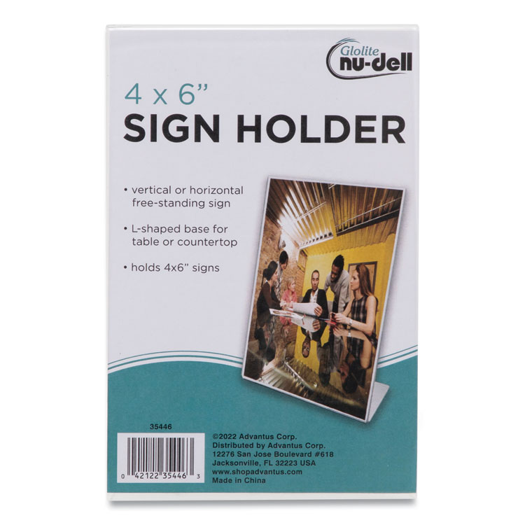 NuDell Clear Plastic Slanted L-Shaped Countertop Sign Holder, Side-Load, Horizontal/Vertical Orientation, 4 x 6 Insert (NUD35446)