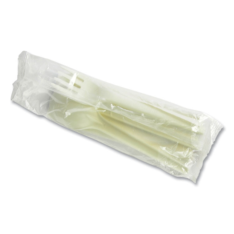 Vegware Cutlery Kits, Compostable, General Purpose, Fork/Knife/Napkin/Spoon, Plastic, White, 250/Carton (VEGVWKFSWN)