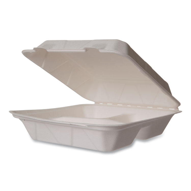 Vegware White Molded Fiber Clamshell Containers, Compostable, 3 Compartments, 9 x 18 x 2, White, Sugarcane, 200/Carton (VEGWHBRG93HW)