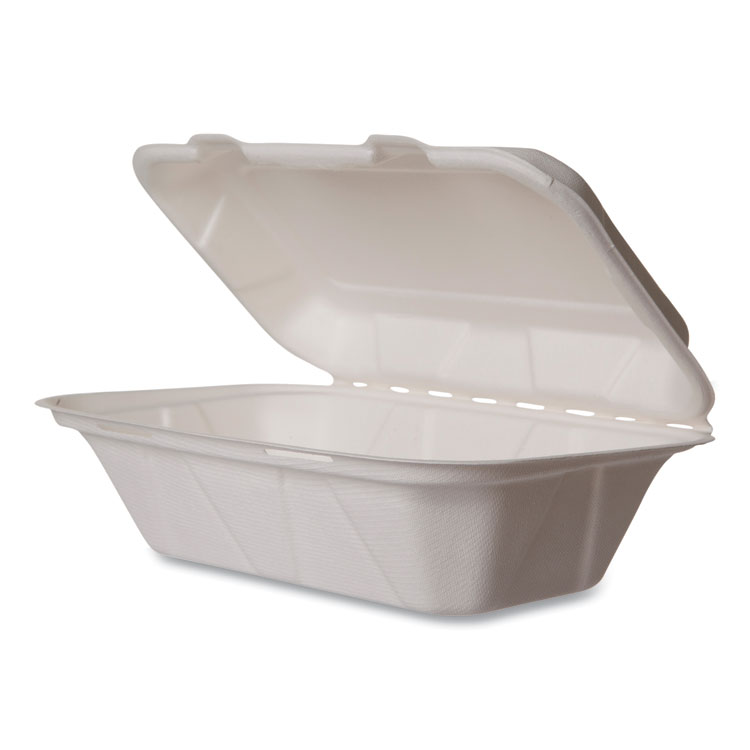 Vegware White Molded Fiber Clamshell Containers, Compostable, 9 x 11 x 2, White, Sugarcane, 250/Carton (VEGWHBRGHOAGIE)