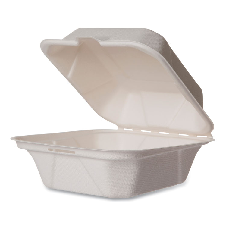 Vegware White Molded Fiber Clamshell Containers, Compostable, 5.9 x 5.9 x 2.9, White, Sugarcane, 400/Carton (VEGWHBRG6HW)